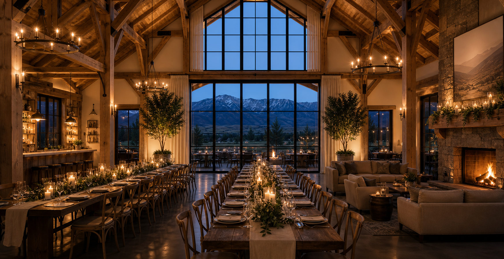 Evening concept rendering of the barn prepared for a private dinner.
