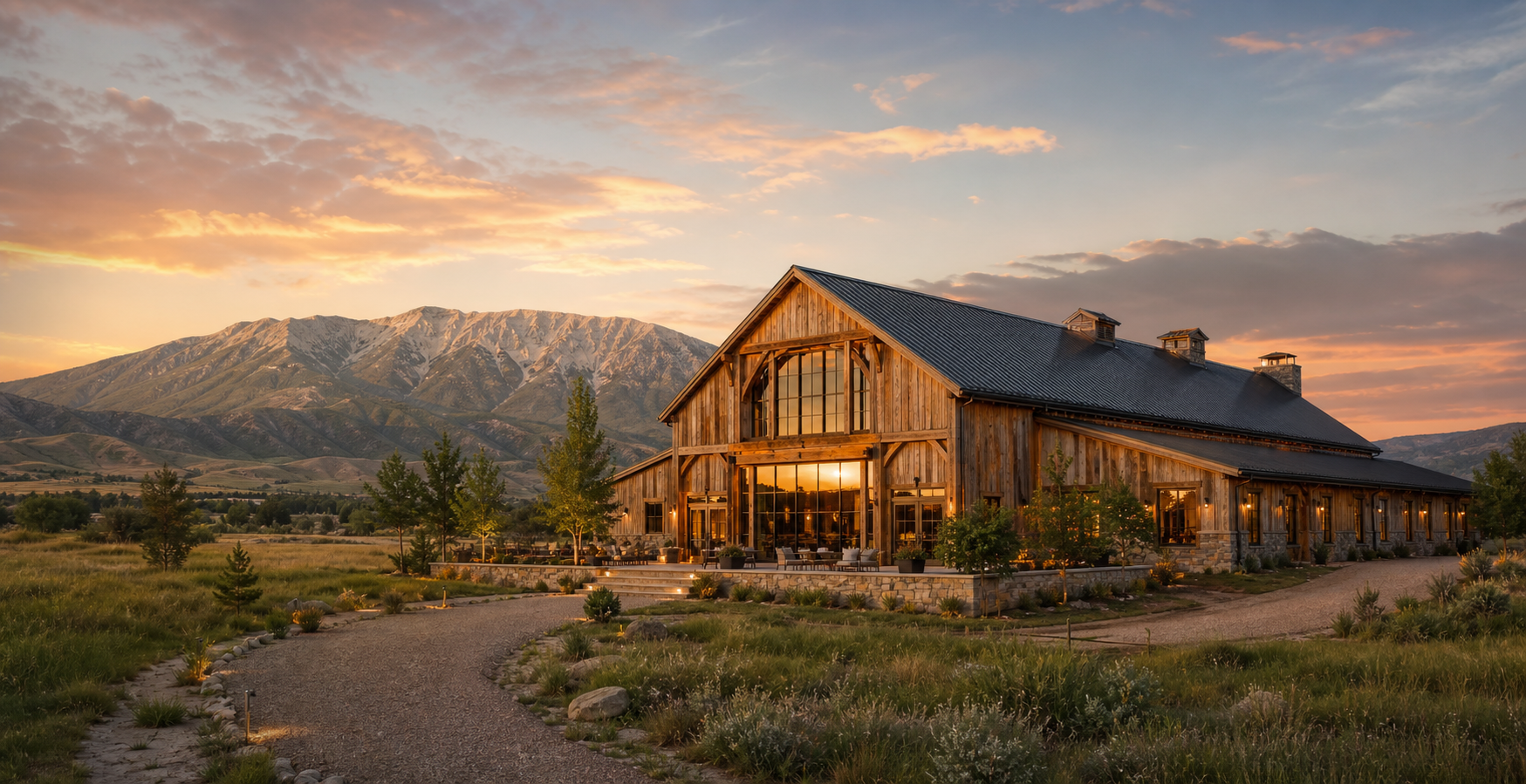 Concept rendering of Timp Vista Barn at sunset near a mountain meadow.