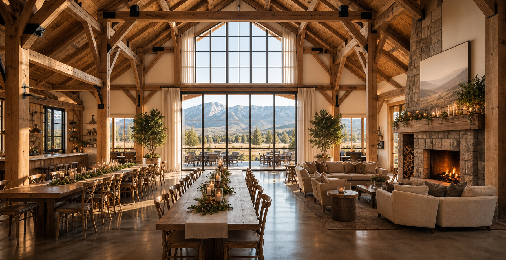 Daytime concept rendering of the barn interior with mountain views.
