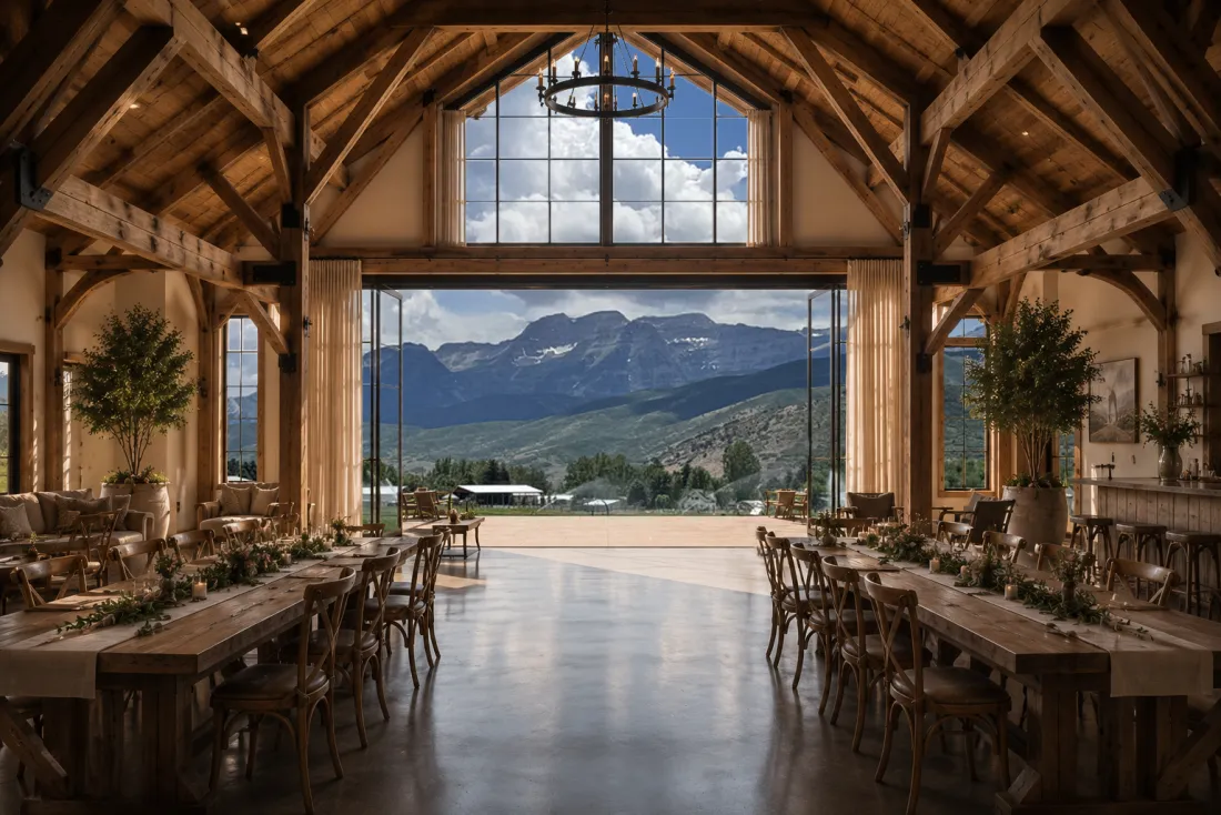 The barn's great room in daylight, set with long farm tables and open to a Mount Timpanogos view.