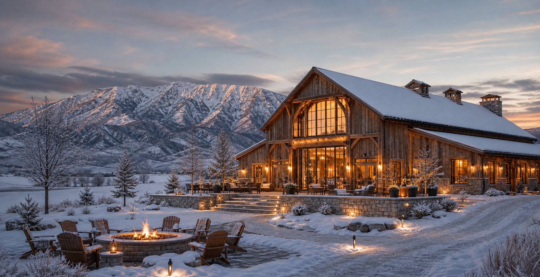 Winter concept rendering of the barn with warm lights and snowy mountain views.
