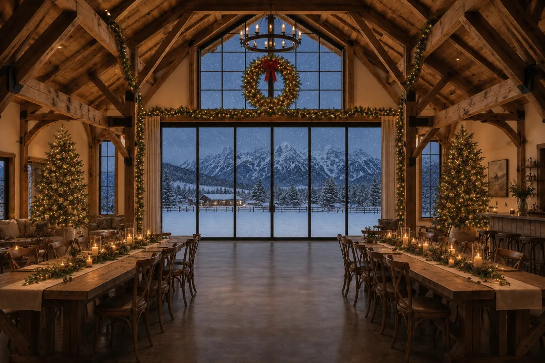 The barn decorated for the holidays with candlelit tables and a snowy mountain view at dusk.